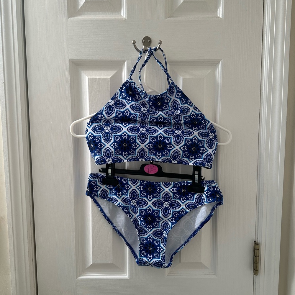 Women’s Blue Geometric Bikini with Halter Top